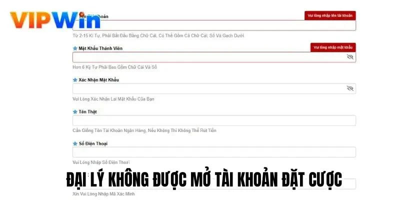 Đại lý không được mở tài khoản đặt cược